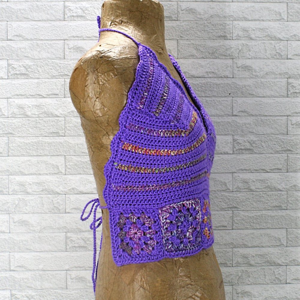 HAND CRAFTED Crop Top Crochet Halter Granny Square Stripe Purple Festival Rave - Picture 3 of 13